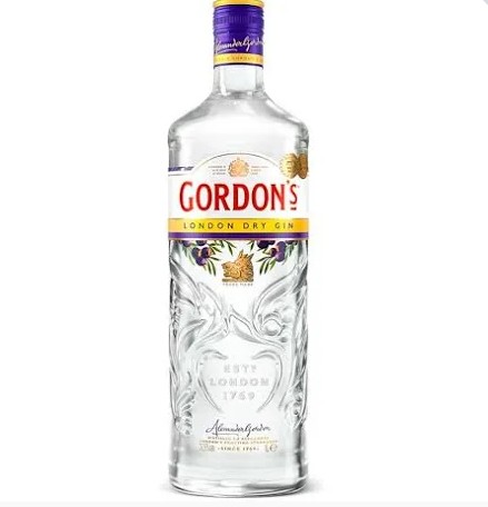 Garrafa de gin Gordons London Dry Gin com rótulo colorido e tampa roxa