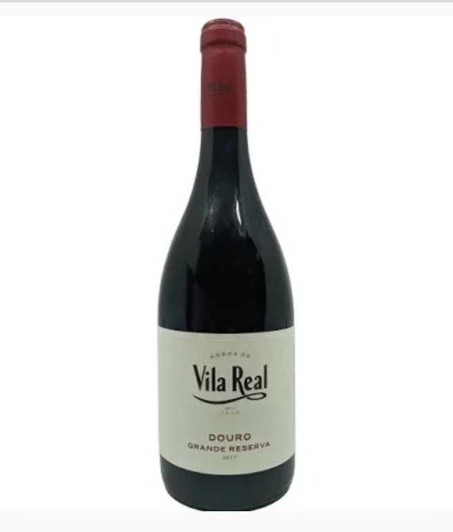 Garrafa de vinho tinto Vila Real Douro Grande Reserva 2017 com rótulo branco e tampa vermelha