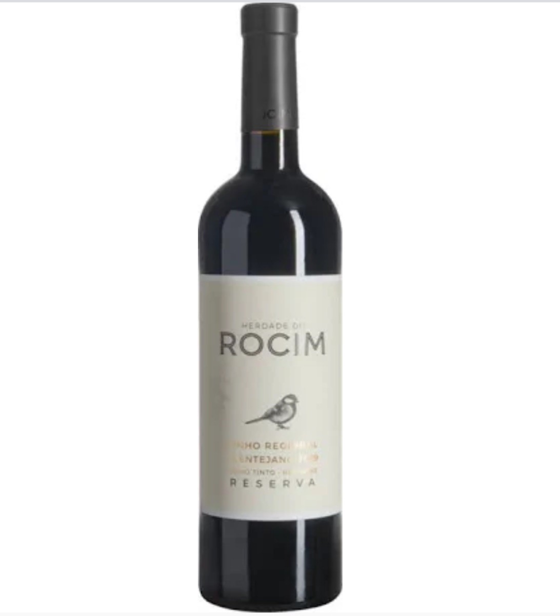Garrafa de vinho tinto Herdade do Rocim com rótulo branco e pássaro desenhado