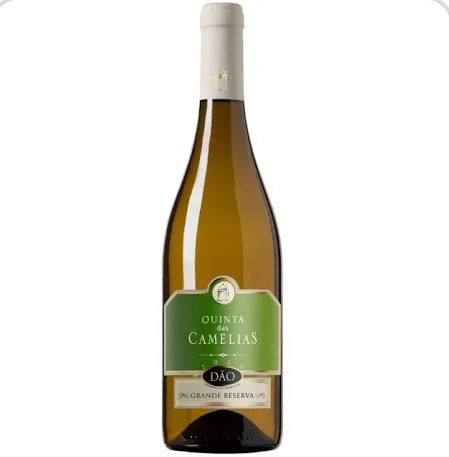 Garrafa de vinho branco com rótulo verde e branco da Quinta das Camélias.