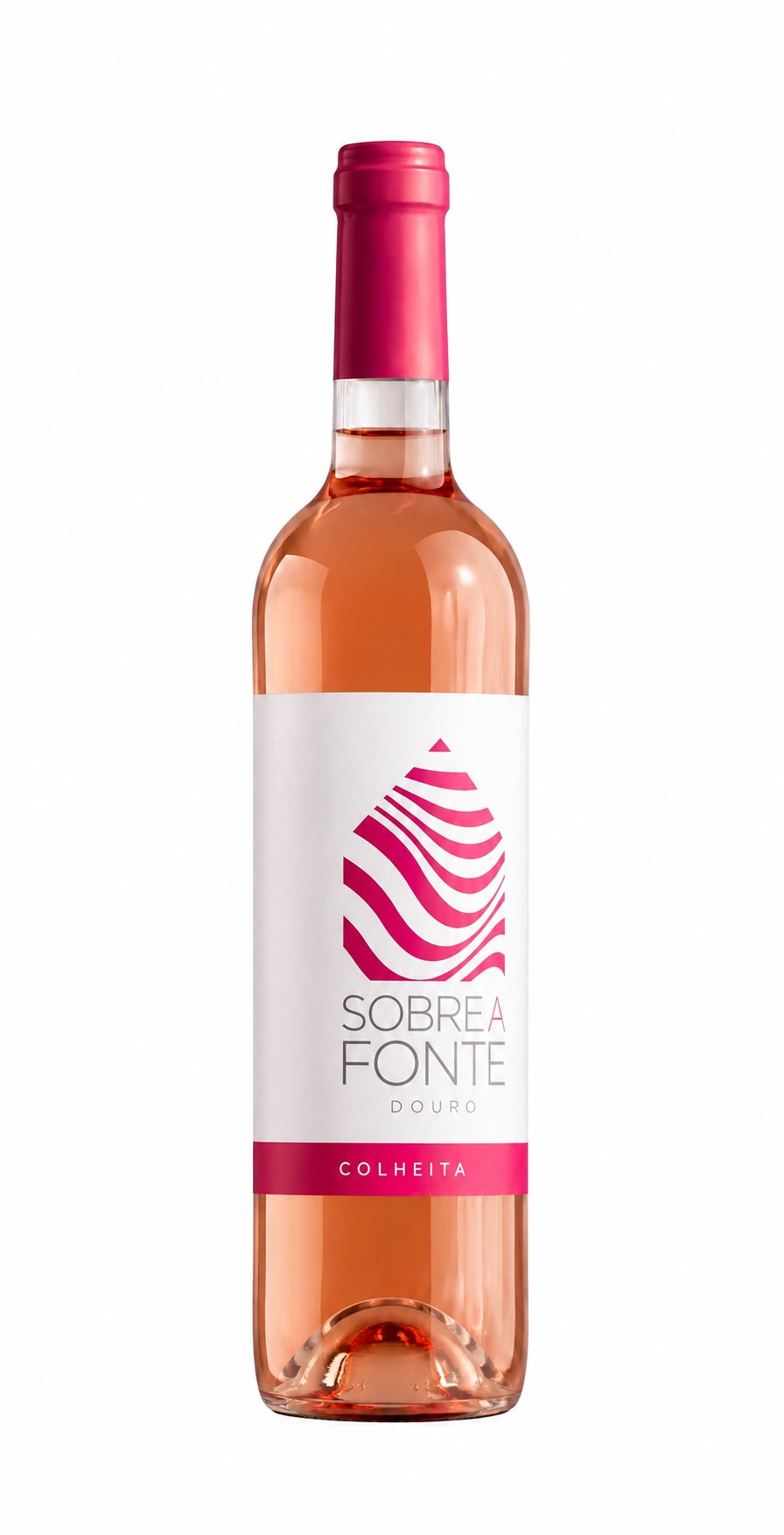 Garrafa de vinho rosé com rótulo branco e rosa