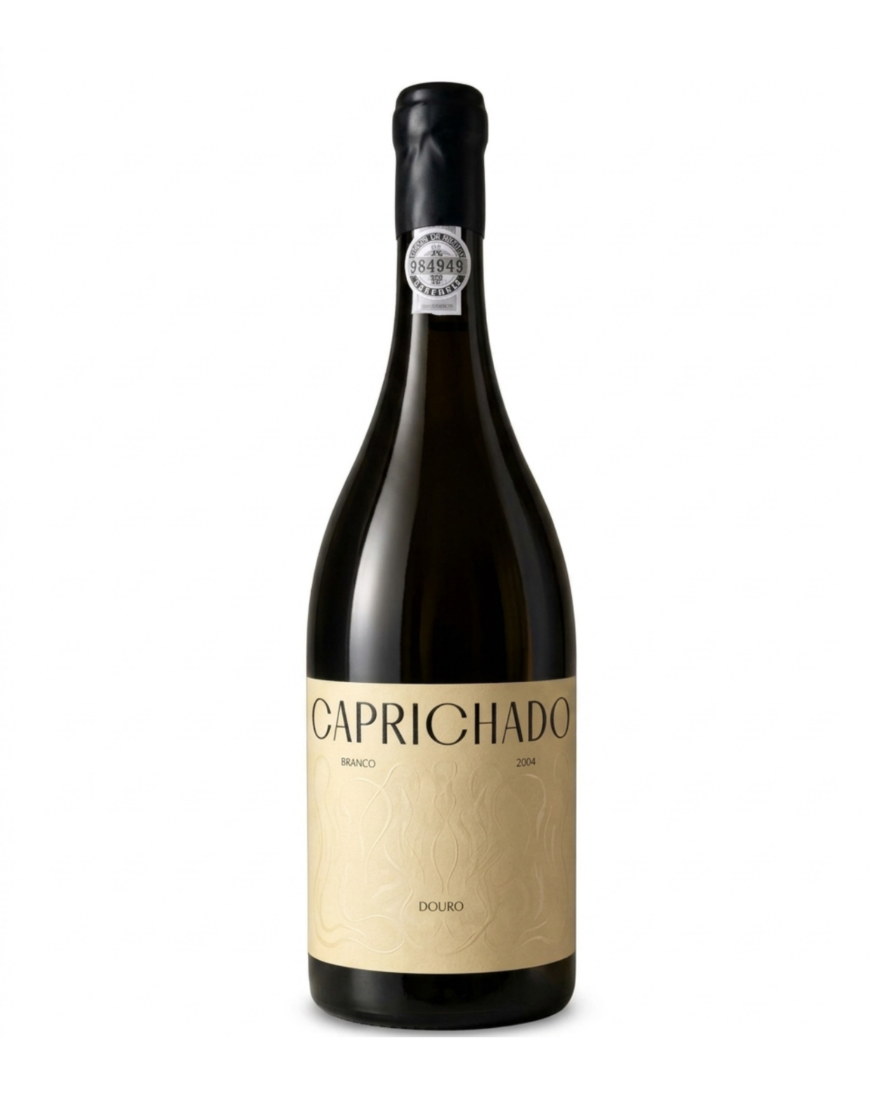 Garrafa de vinho Caprichado branco 2004 Douro com rótulo creme e selo prata no gargalo