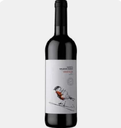Garrafa de vinho tinto com rótulo branco e desenho de pássaro