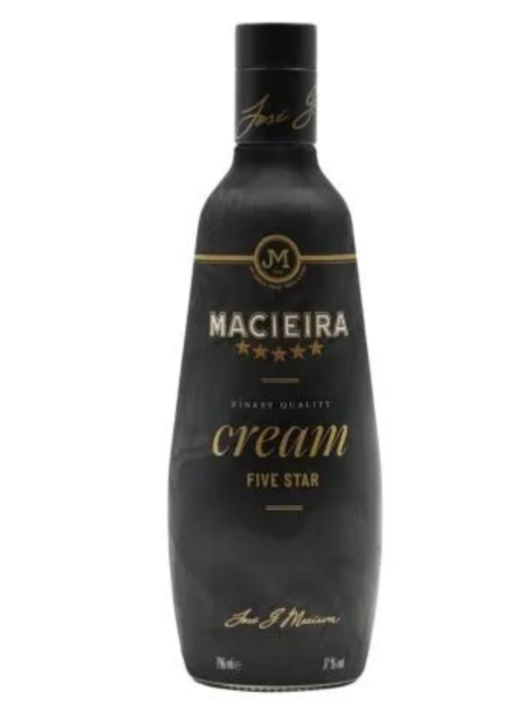 Garrafa preta de licor MACIEIRA CREAM FIVE STAR com rótulo dourado e branco