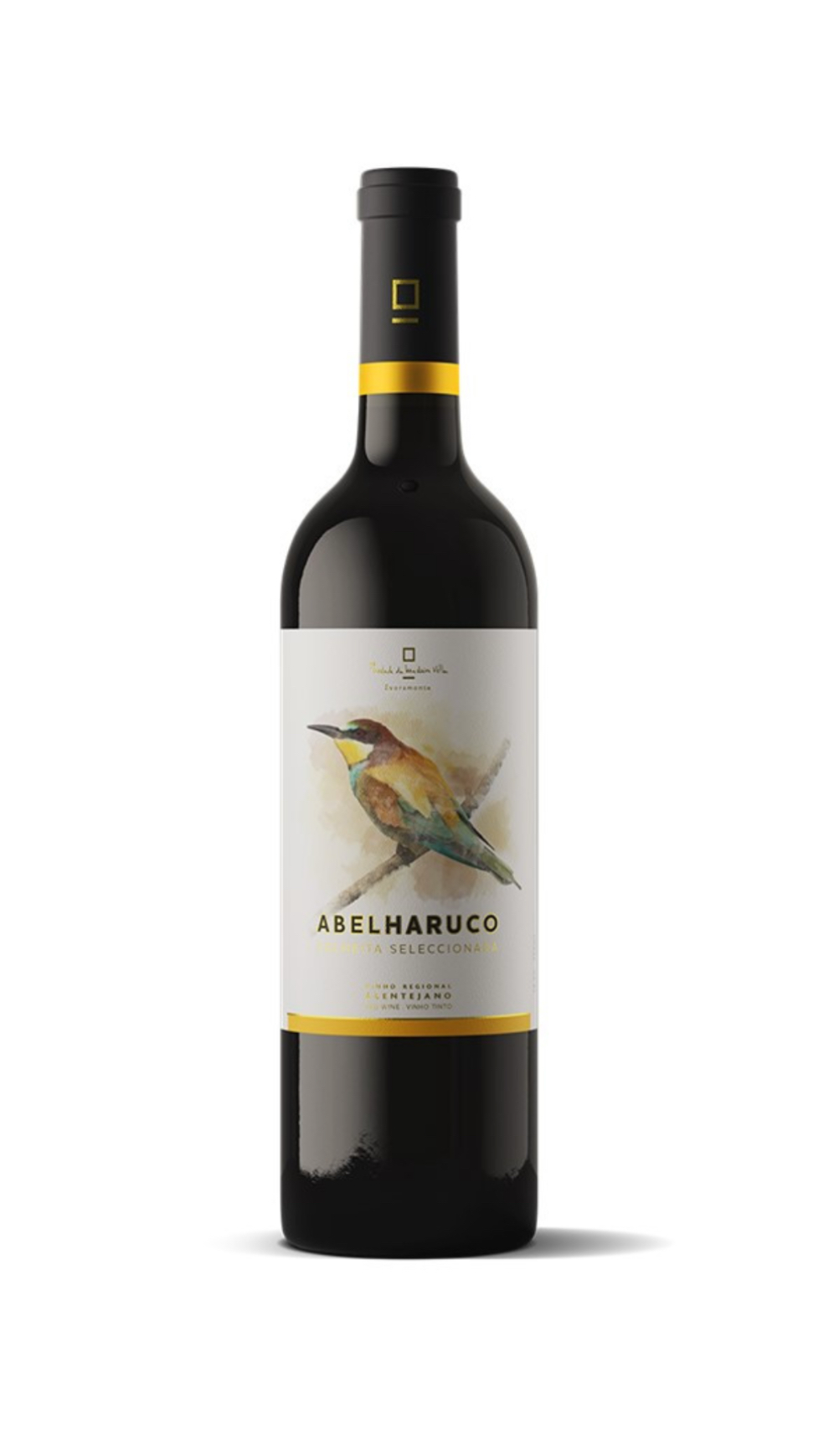 Garrafa de vinho tinto com rótulo com ilustração de pássaro e texto ABELHARUCO SELECIONADA