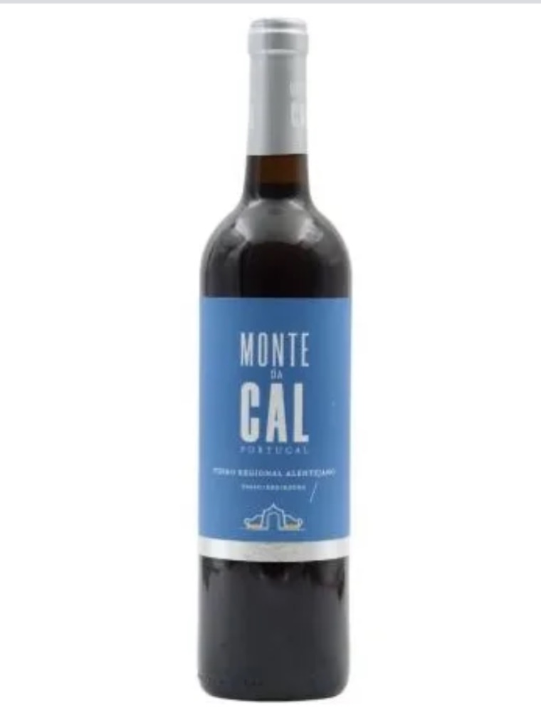 Garrafa de vinho tinto Monte da Cal com rótulo azul e tampa prateada