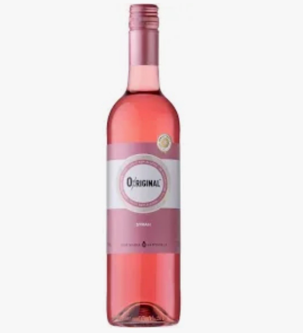 Garrafa de vinho rosé com rótulo rosa e branco