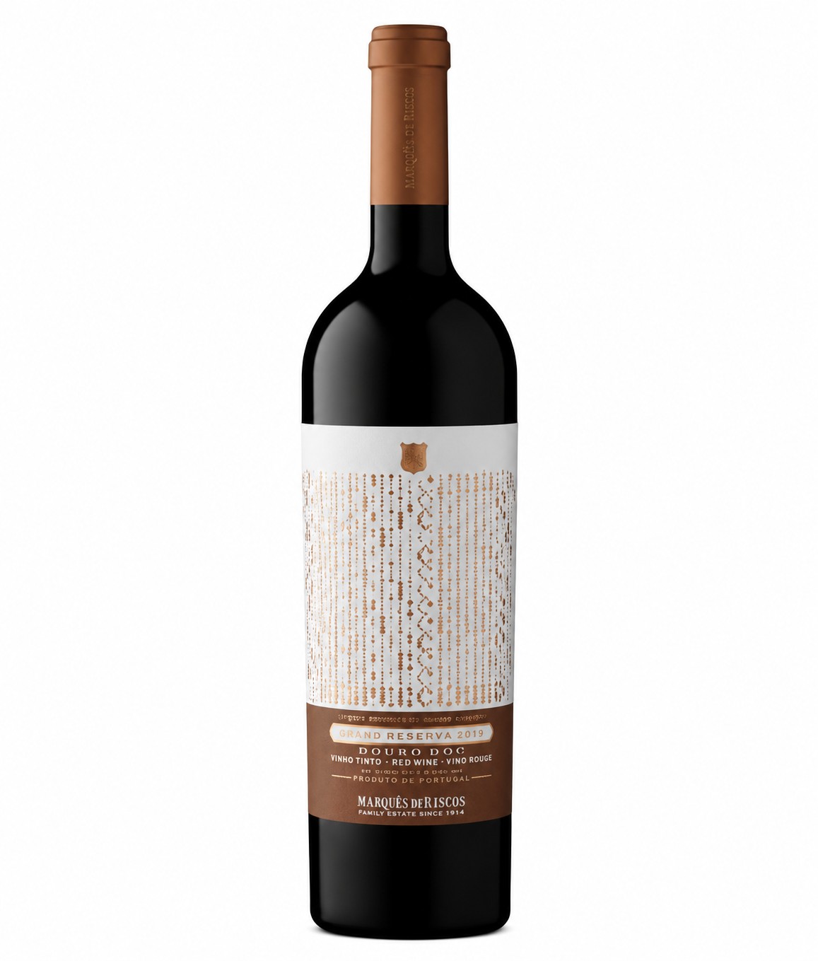 Garrafa de vinho tinto Marquês de Riscos Grand Reserva 2019 com rótulo branco e castanho e tampa castanha