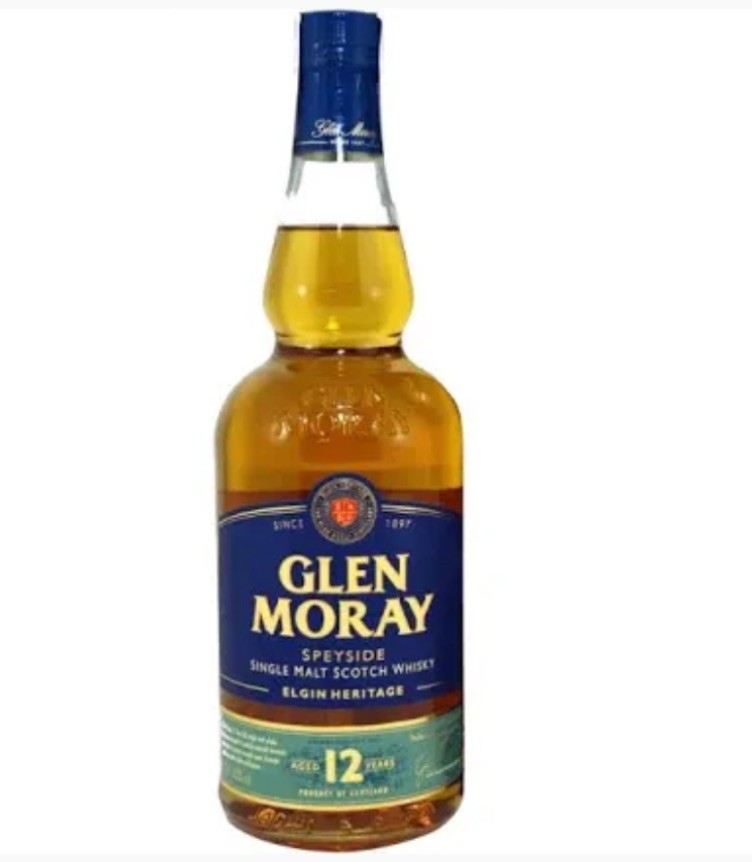 Garrafa de whisky Glen Moray 12 anos com rótulo azul e tampa azul