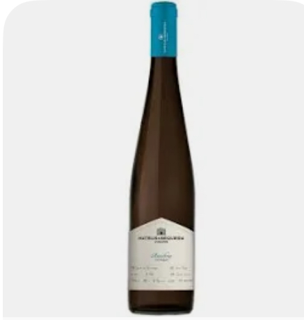 Garrafa de vinho branco com rótulo branco e tampa azul