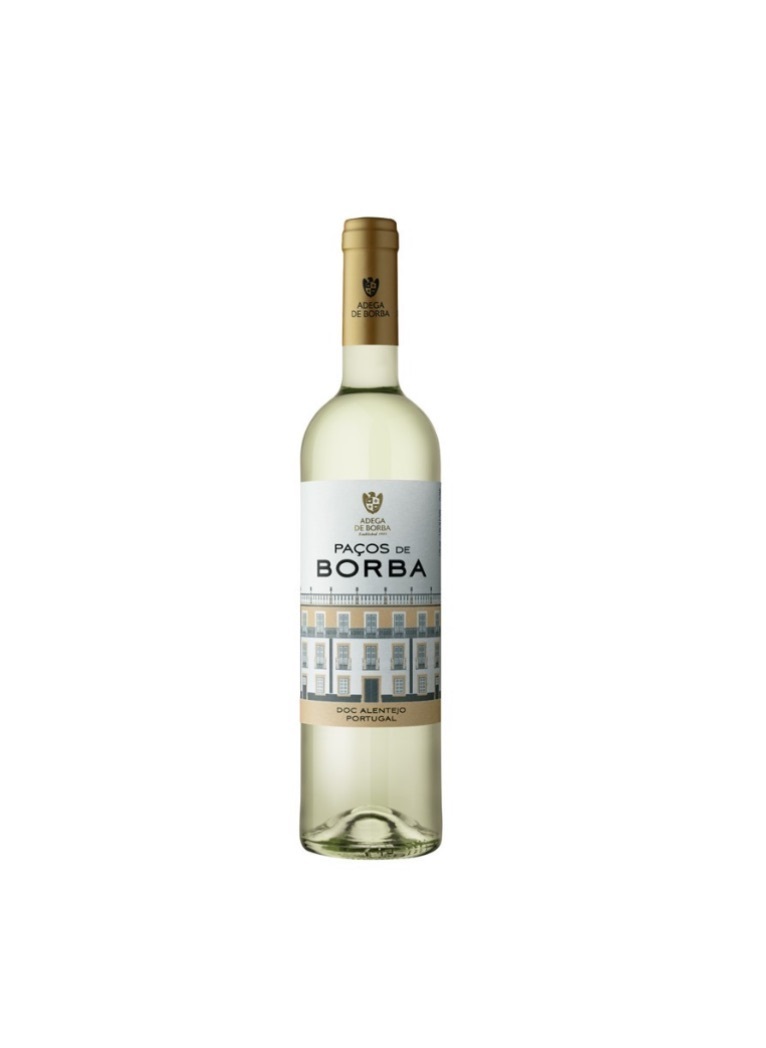Garrafa de vinho branco Paços de Borba com rótulo branco e bege