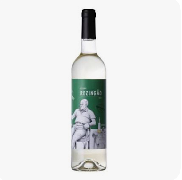 Garrafa de vinho branco com rótulo verde e ilustração de homem sentado