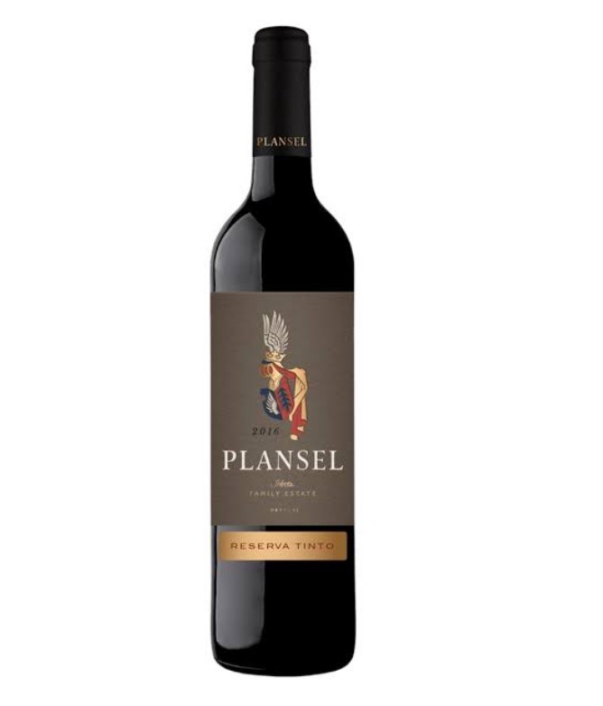 Garrafa de vinho tinto PLANEL 2016 reserva tinto com rótulo castanho e ilustração