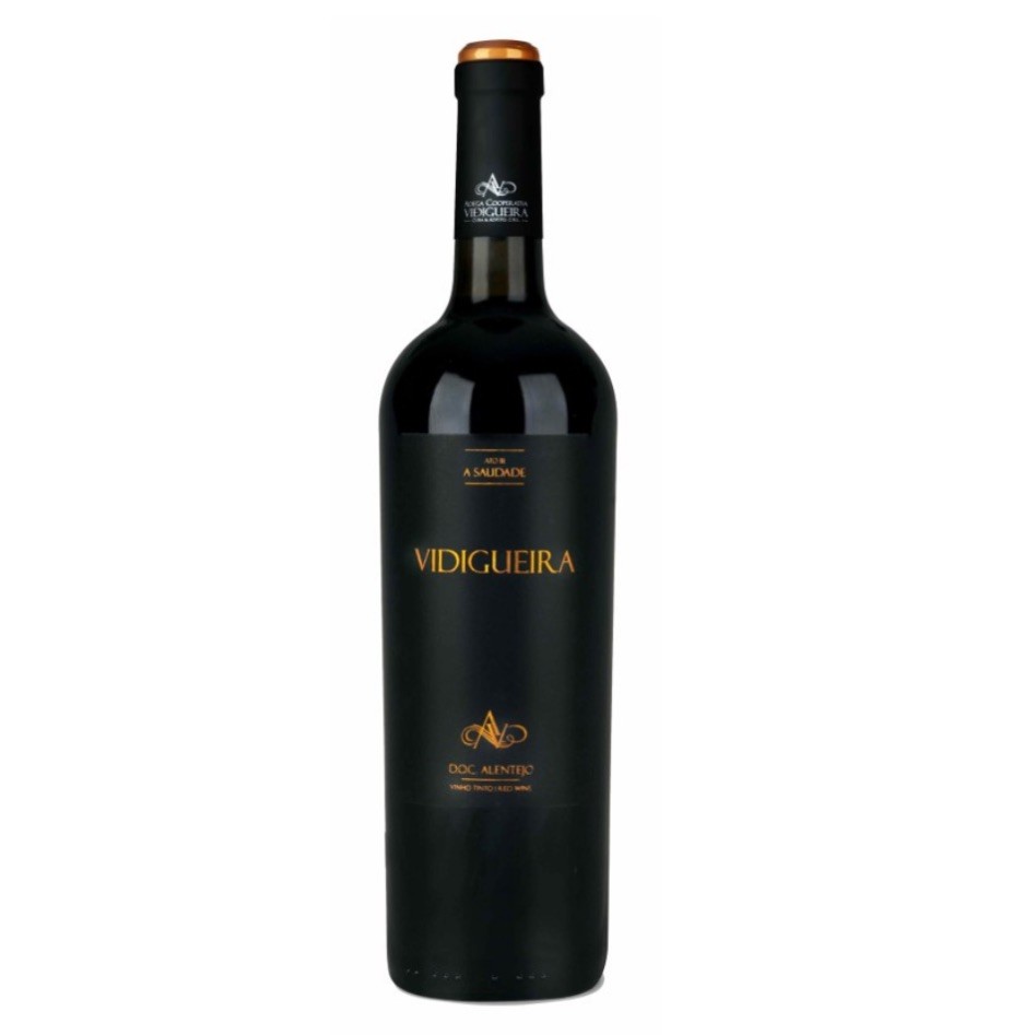 Garrafa de vinho tinto VIDIGUEIRA com rótulo preto e texto dourado