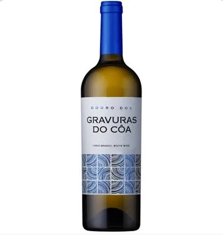 Garrafa de vinho branco Gravuras do Côa com rótulo branco e padrão azul