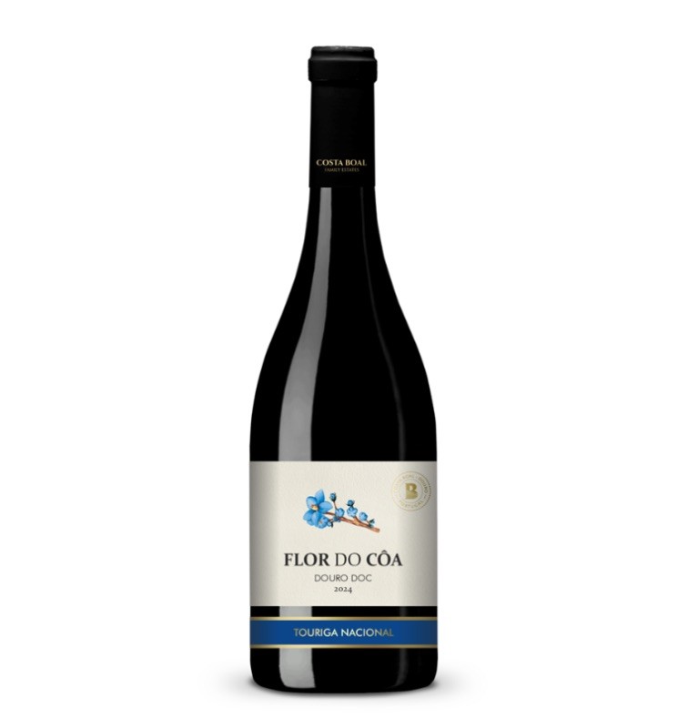Garrafa de vinho Flor do Côa tinto com rótulo branco e azul