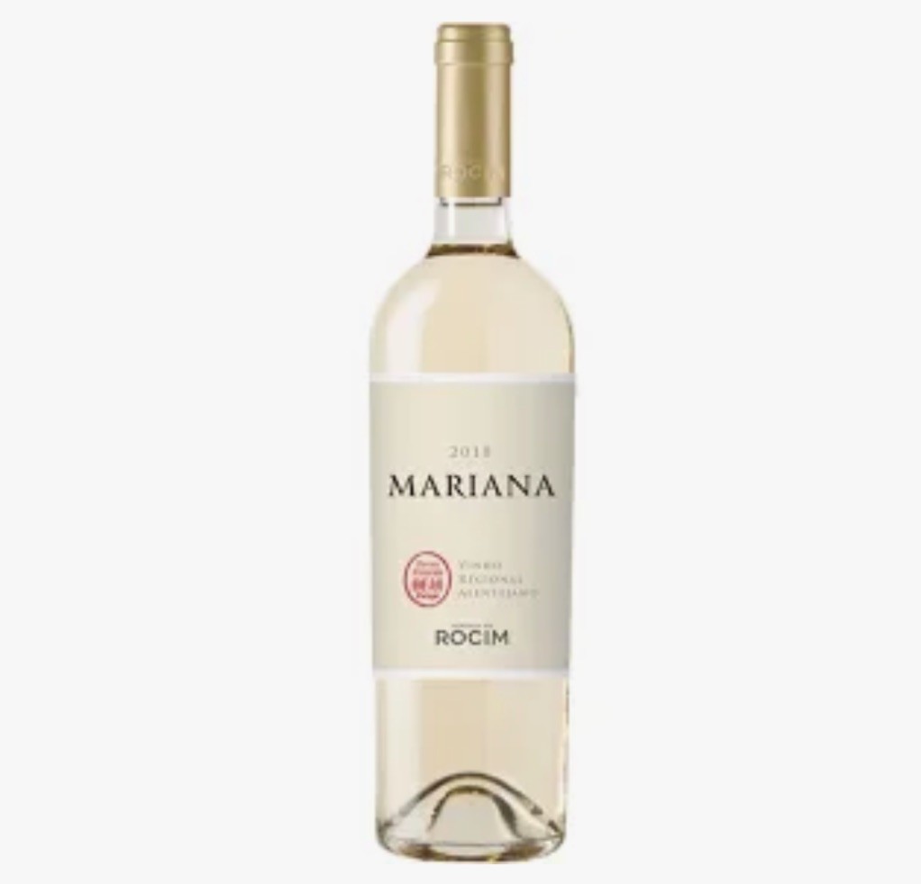 Garrafa de vinho branco Mariana 2018 da Rocim com rótulo branco e dourado