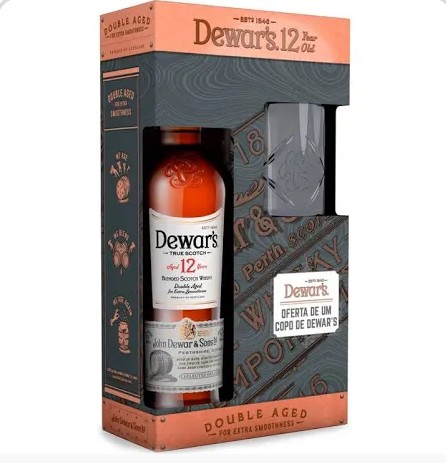 Conjunto Dewars 12 anos com garrafa de whisky e copo em caixa preta e cobre
