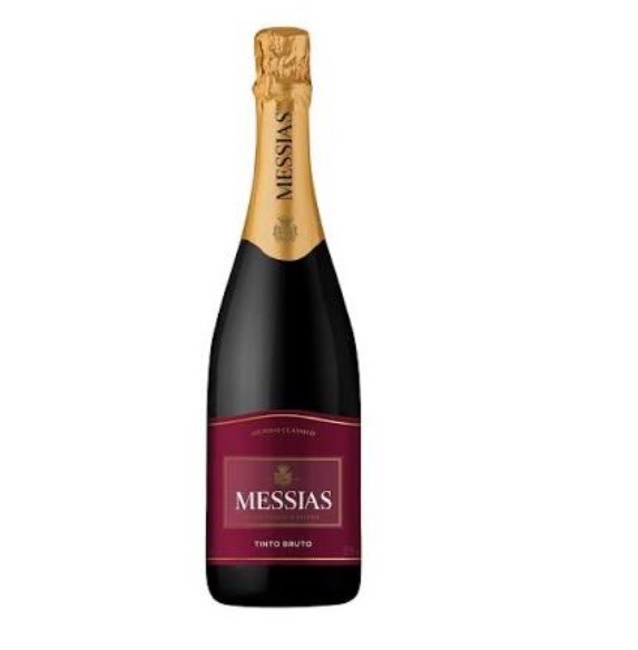 Garrafa de vinho espumante Messias Tinto Bruto com rótulo bordô e tampa dourada