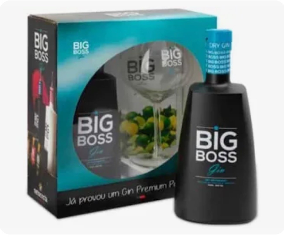 Conjunto presente Big Boss Gin com garrafa preta e copo de cocktail na caixa azul
