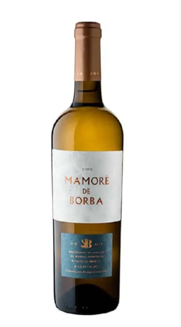 Garrafa de vinho branco Mamoré de Borba 2018 com rótulo branco e azul