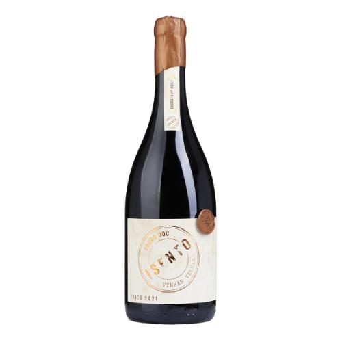 Garrafa de vinho tinto com rótulo branco e tampa dourada