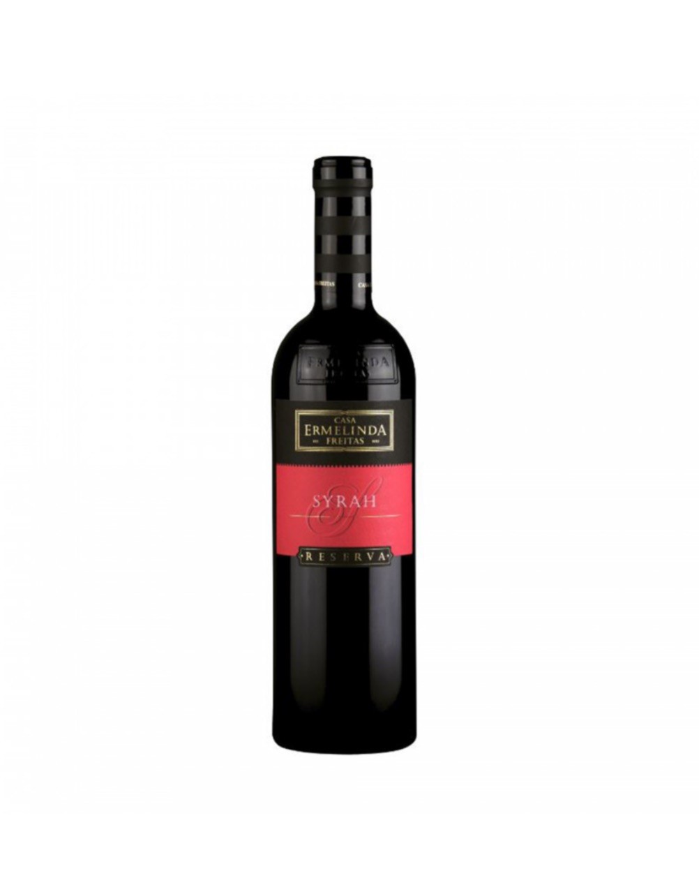 Garrafa de vinho tinto Syrah da Casa Ermelinda Freitas com rótulo preto e vermelho