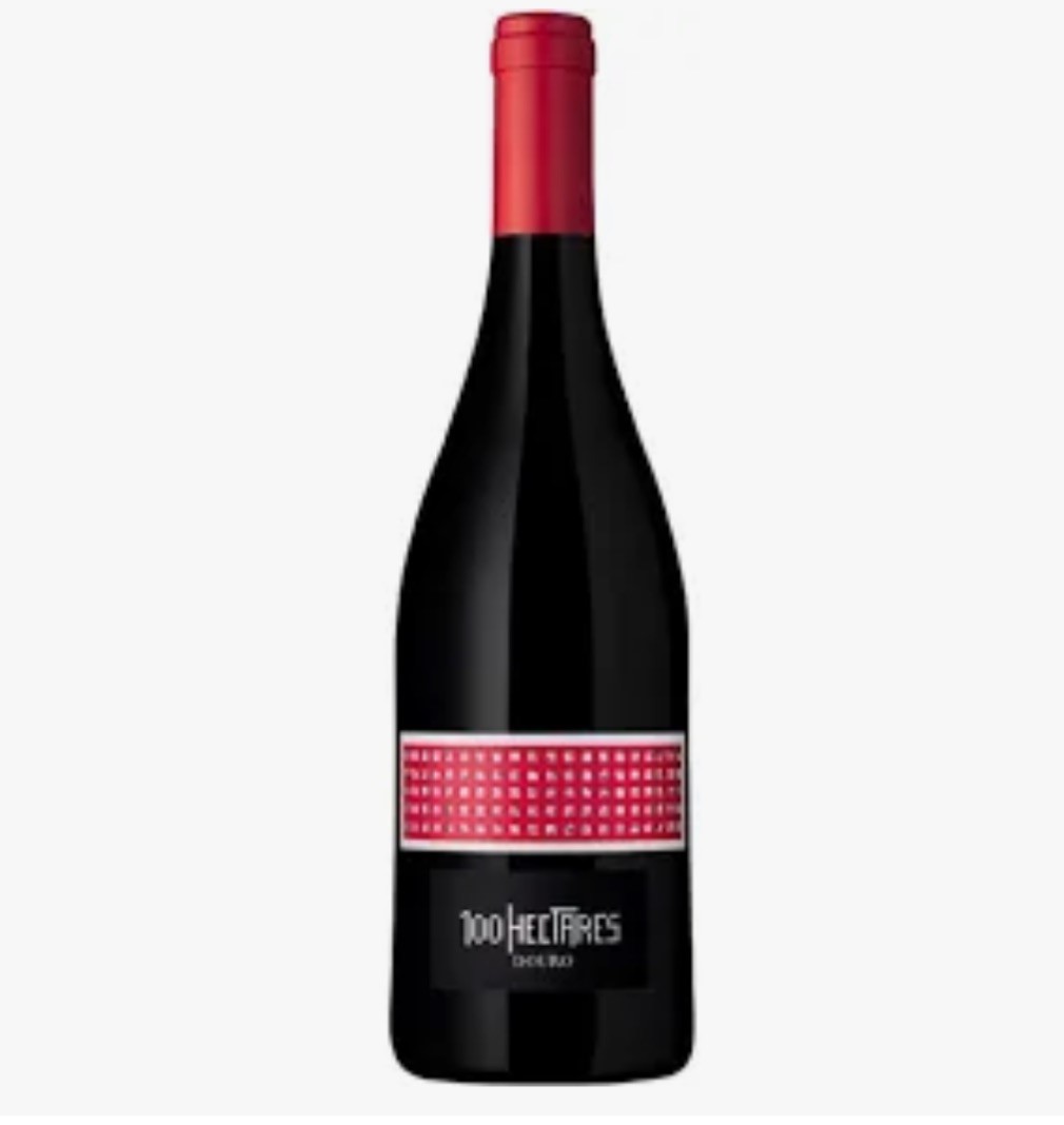 Garrafa de vinho tinto com tampa e rótulos vermelhos e pretos