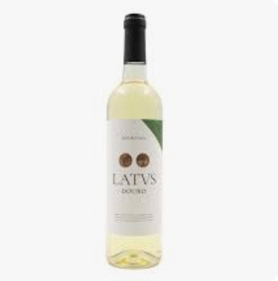 Garrafa de vinho branco com rótulo branco e preto