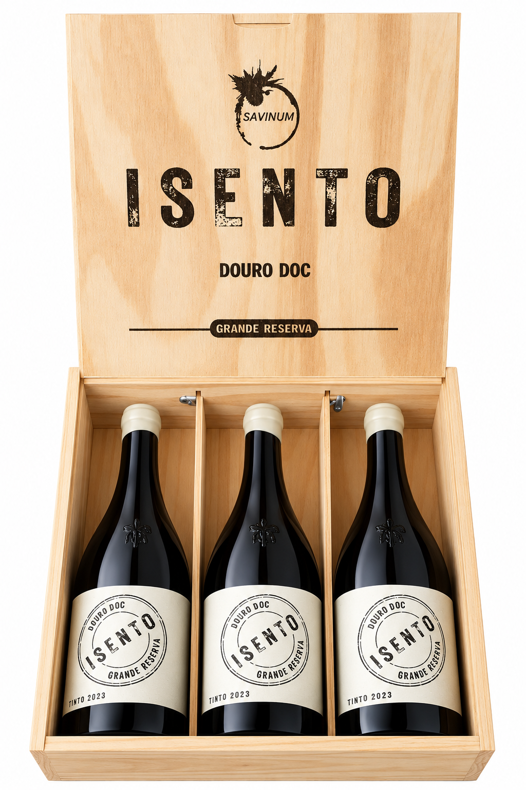 Caixa de madeira com três garrafas de vinho tinto ISENTO DOURO DOC GRANDE RESERVA