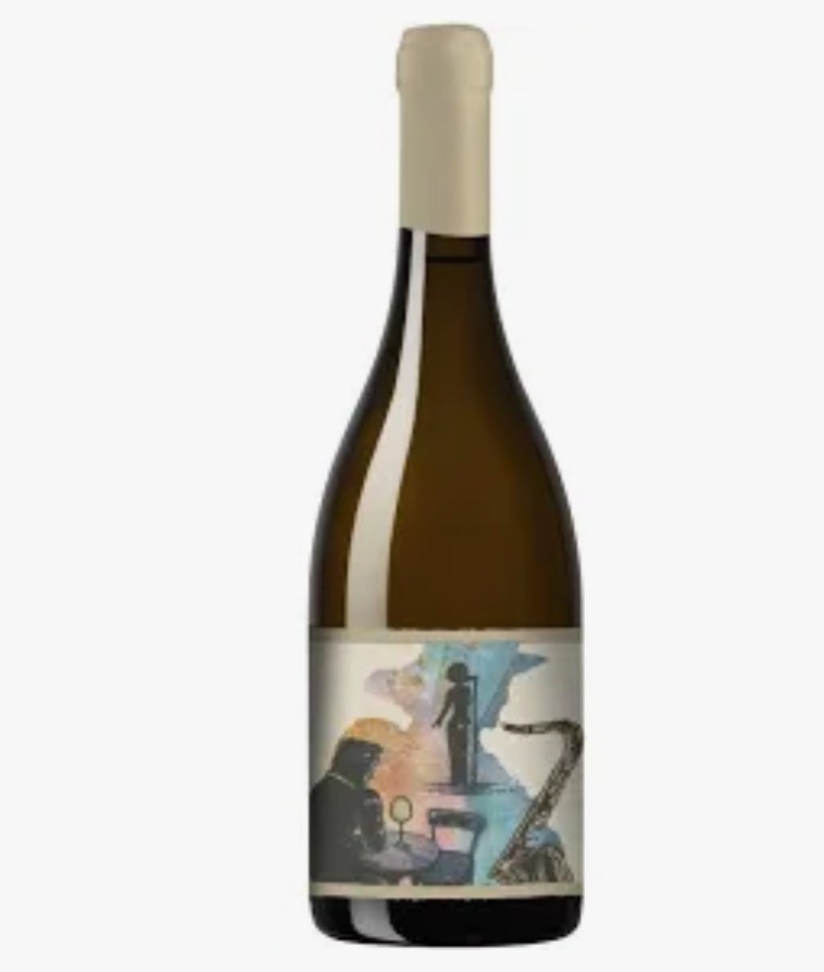 Garrafa de vinho com rótulo colorido e rolha bege