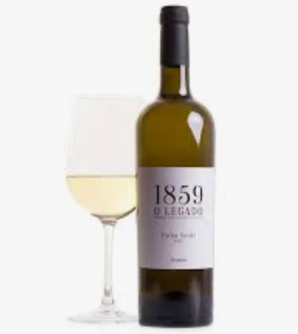 Garrafa de vinho branco 1859 O LEGADO com taça de vinho
