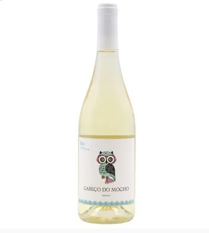 Garrafa de vinho branco com rótulo de coruja e texto CABECO DO MOCHO