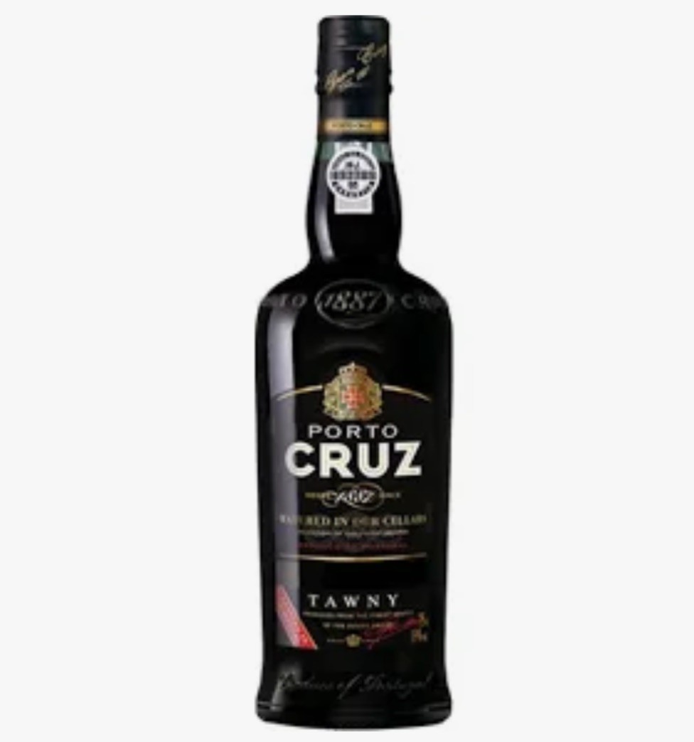 Garrafa de vinho do Porto Cruz Tawny com rótulo preto e detalhes dourados