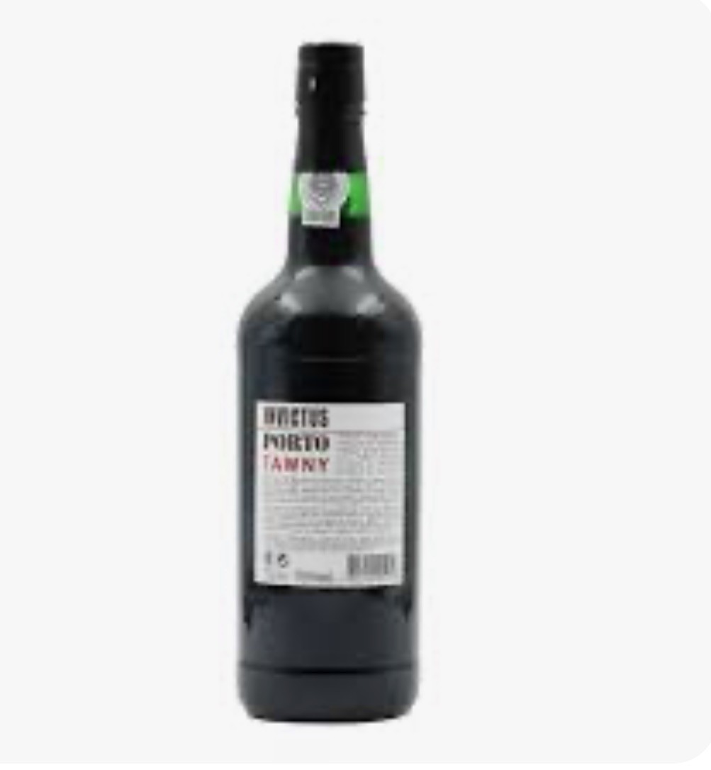 Garrafão de vidro escuro com rótulo branco e texto em preto e vermelho