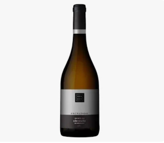 Garrafa de vinho branco com rótulo cinzento e preto