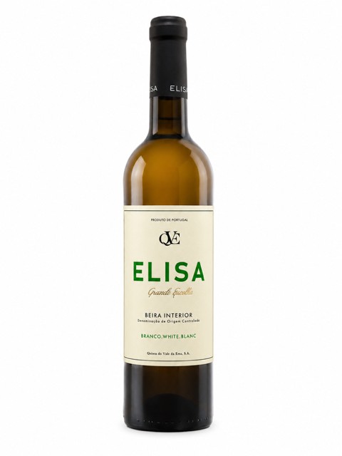 Garrafa de vinho branco Elisa com rótulo branco e texto verde e preto