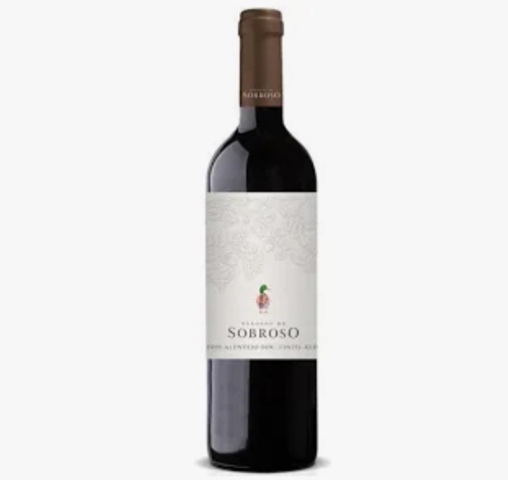 Garrafa de vinho tinto Sobroso com rótulo branco e padrão floral