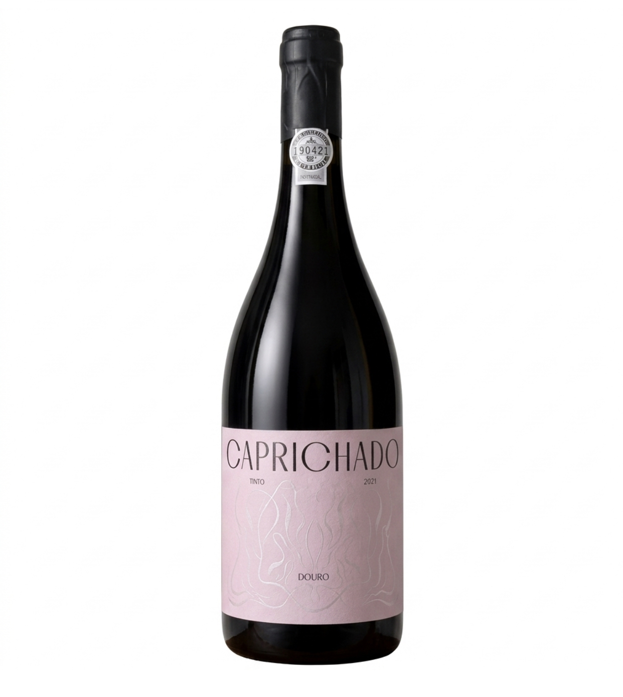 Garrafa de vinho tinto CAPRICHADO 2021 com rótulo rosa e selo