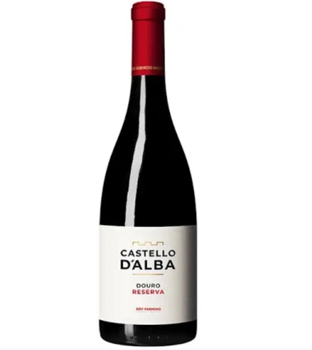 Garrafa de vinho tinto Castello D'Alba Douro Reserva com rótulo branco e tampa vermelha