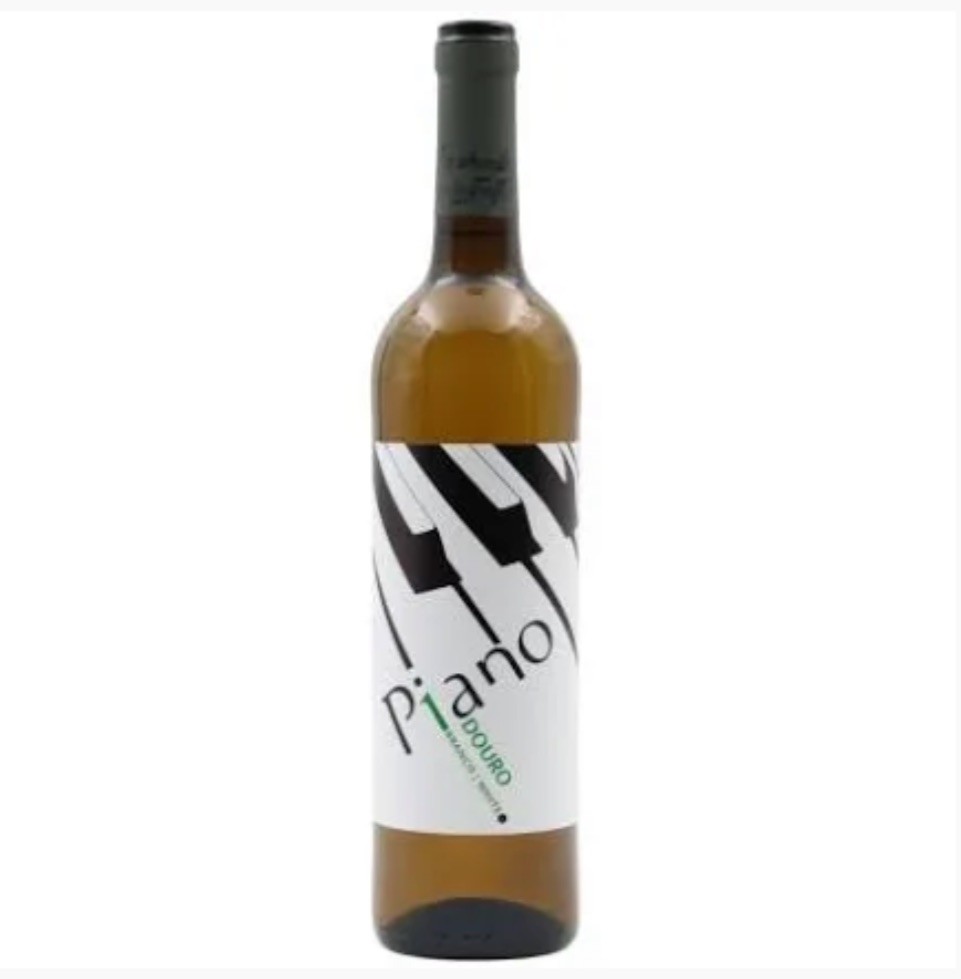 Garrafa de vinho branco com rótulo de piano e texto 'Piano Douro'.