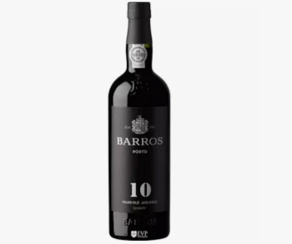 Garrafa de vinho do Porto Barros 10 anos com rótulo preto
