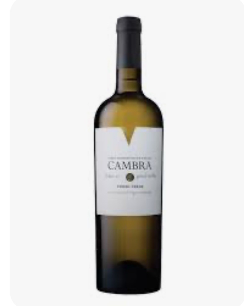 Garrafa de vinho branco com rótulo CAMBRA e tampa preta