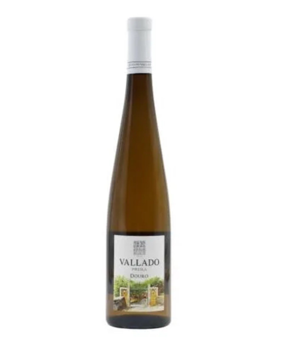 Garrafa de vinho branco Vallado Reserva Douro com rótulo branco e imagem colorida