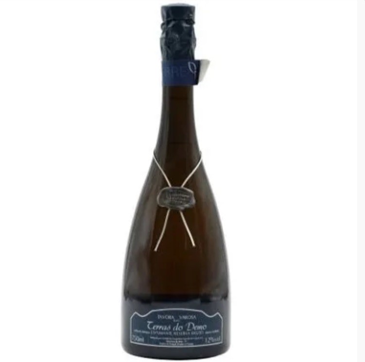 Garrafa de vinho espumante Temas do Douro com rótulo azul e tampa preta