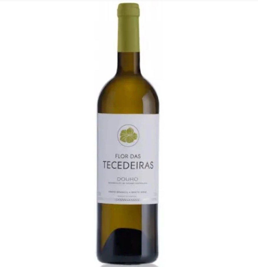 Garrafa de vinho branco Flor das Tecedeiras com rótulo branco
