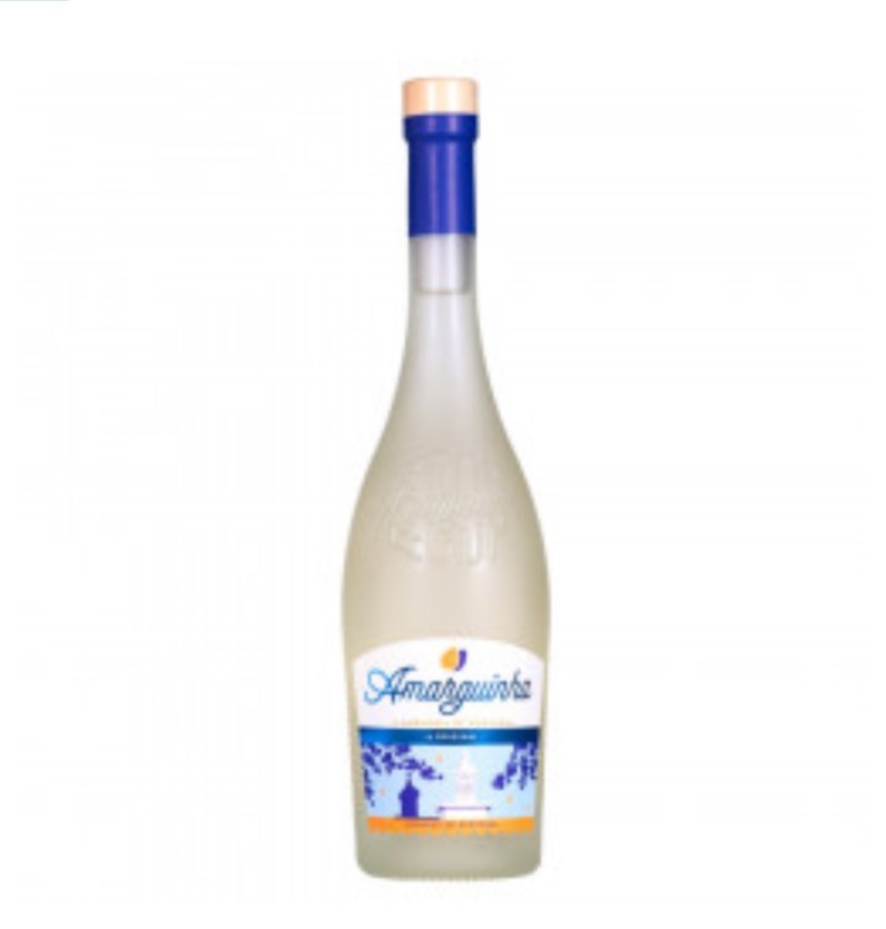 Garrafa de vidro opaco com rótulo e tampa azul