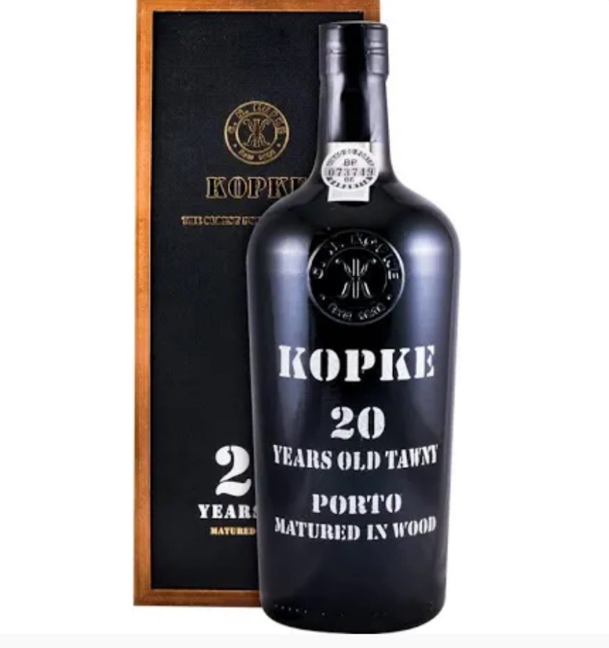 Garrafão preto de vinho do Porto Kopke 20 anos com caixa preta e moldura de madeira