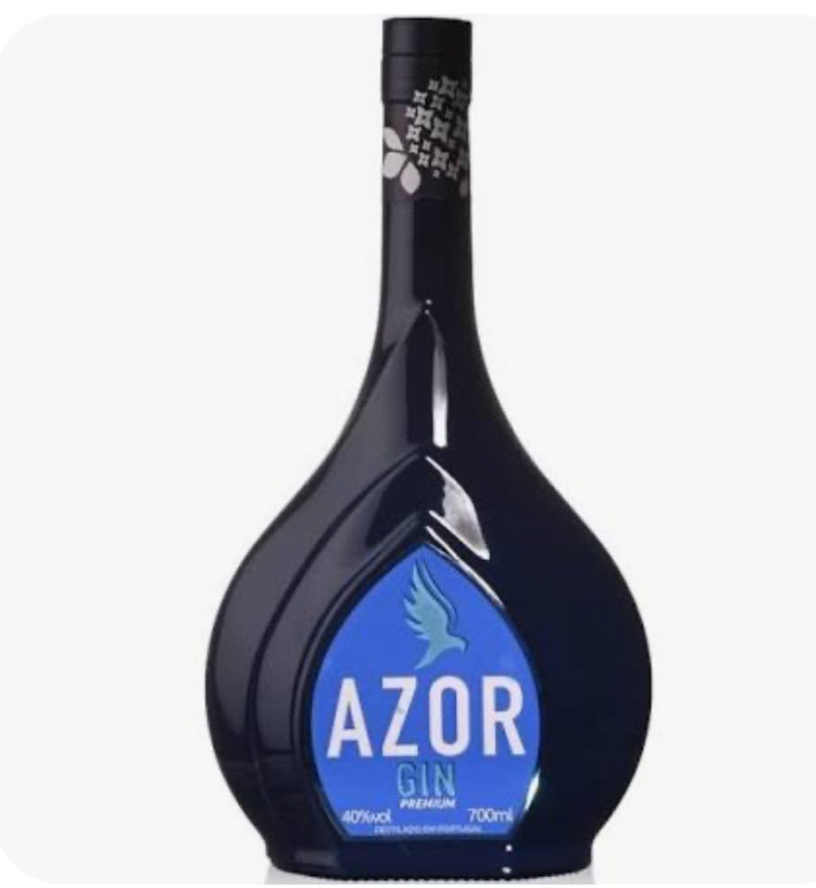 Garrafão de gin AZOR azul escuro com rótulo azul claro e texto branco