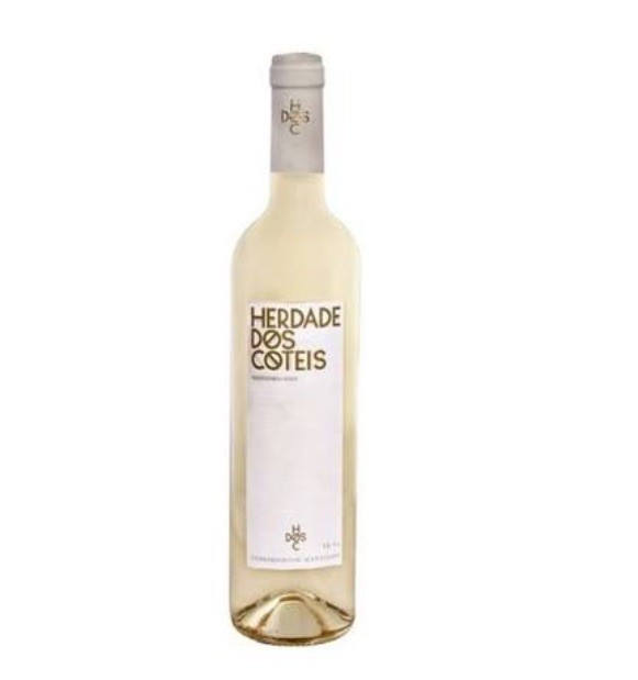 Garrafa de vinho branco Herdade dos Coteis com rótulo branco
